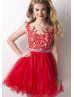 Lace Tulle V Back Beaded Belt Knee Length Prom Dress 